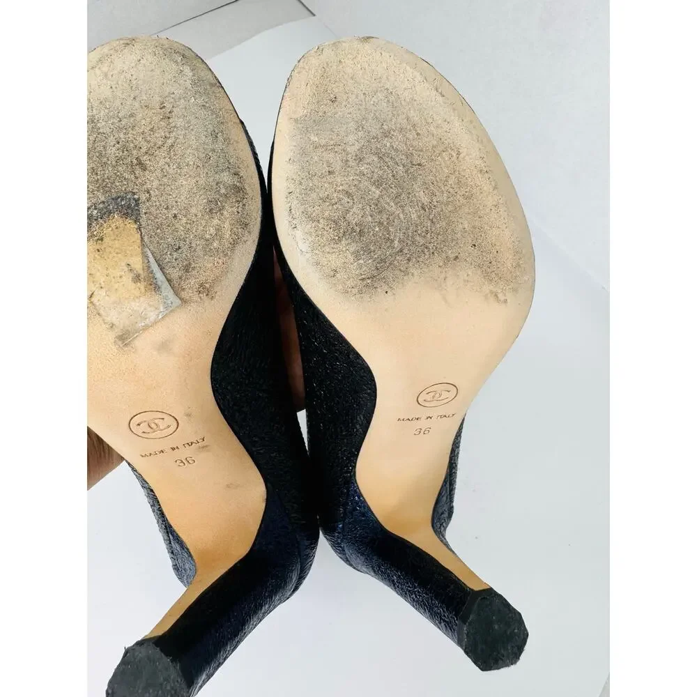 Chanel 2012 Metallic Navy CC Logo Embossed Peep Toe Heels EU 36